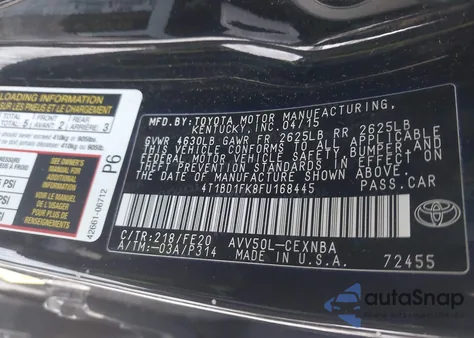 2015 Toyota Camry Hybrid Le z USA, uszkodzony, nr VIN 4T1BD1FK8FU168445